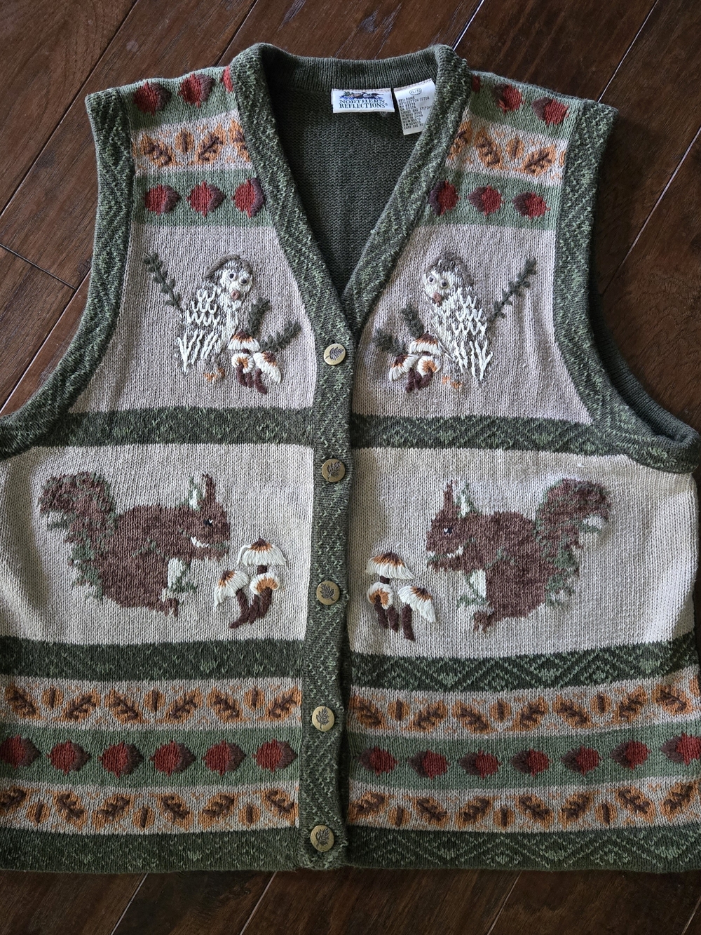 Vintage Northern Reflections Sweater Vest Owls Squirrels Mushrooms Size XL